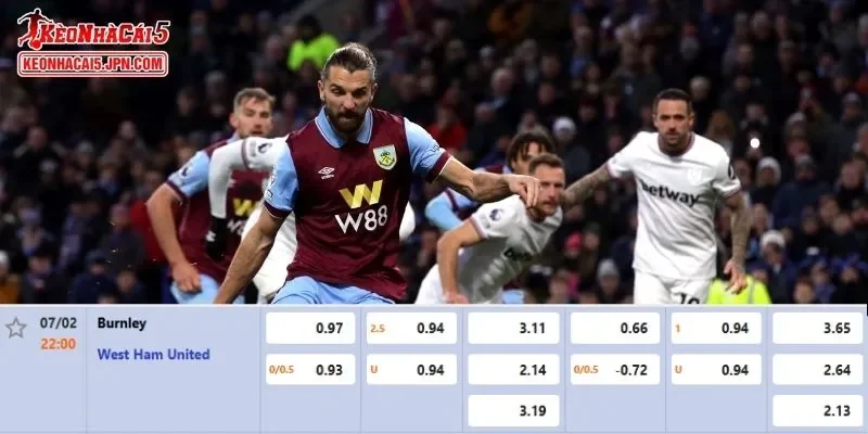 Tỷ lệ kèo chi tiết của của trận Burnley vs West Ham