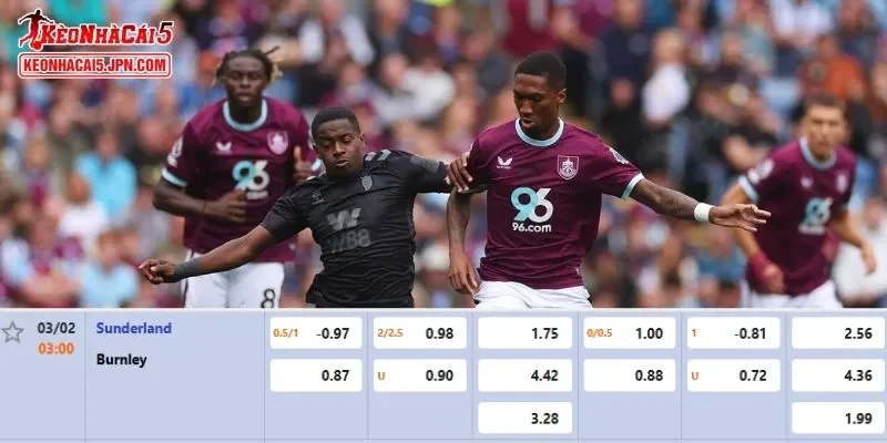 Tỷ lệ kèo chi tiết của của trận Sunderland vs Burnley