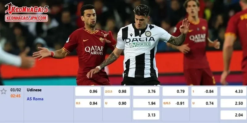 Tỷ lệ kèo chi tiết của của trận Udinese vs AS Roma