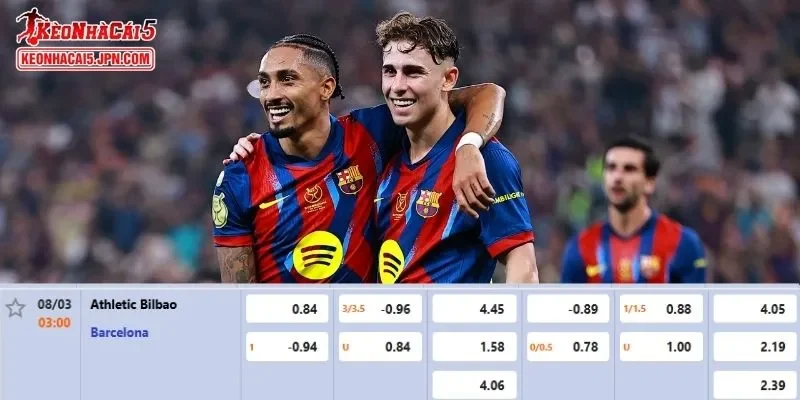 Tỷ lệ kèo chi tiết nhất cho trận đấu giữa Athletic Bilbao vs Barcelona